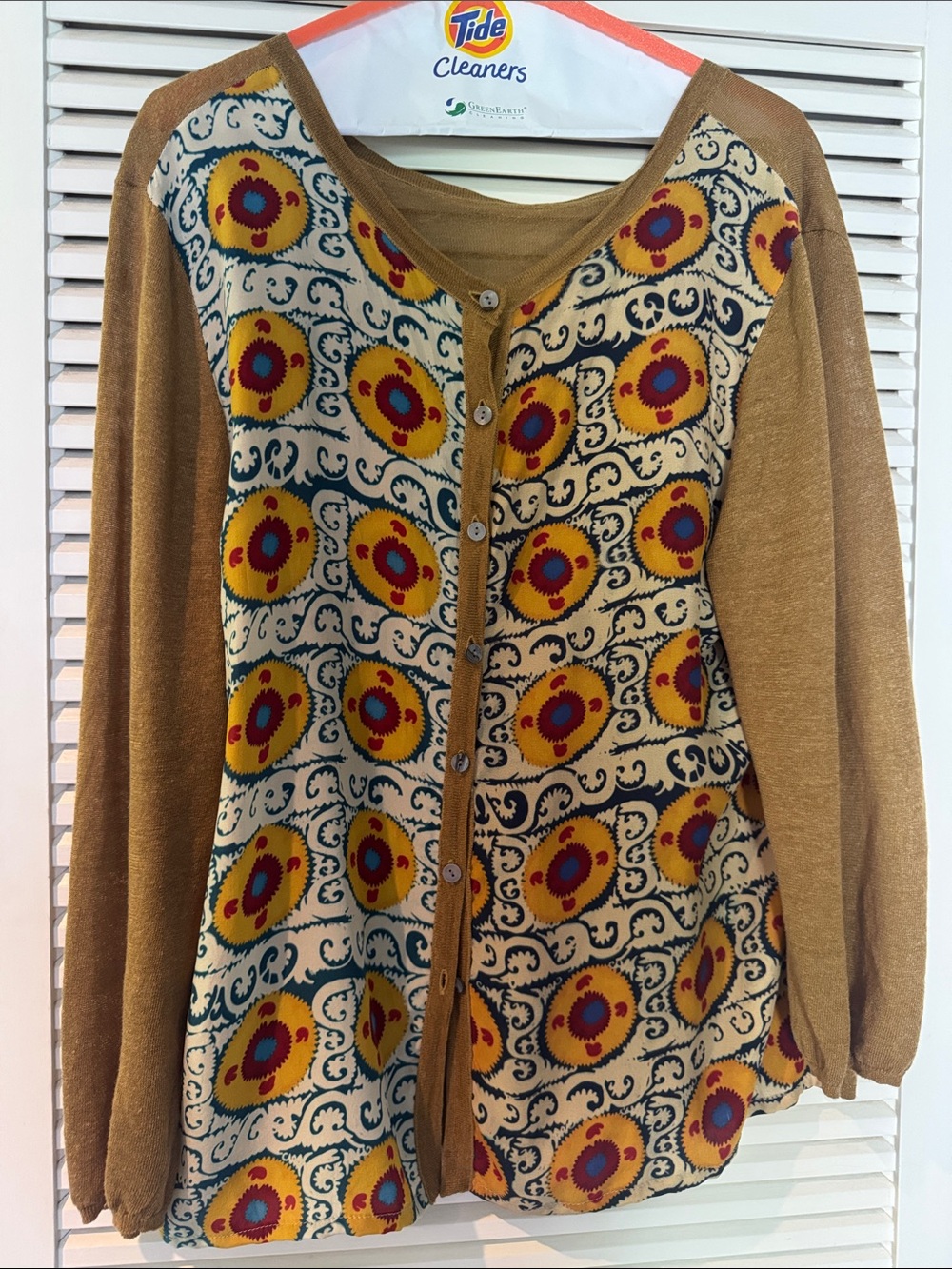 Patterned Button-Front Cardigan in Mustard and Cream